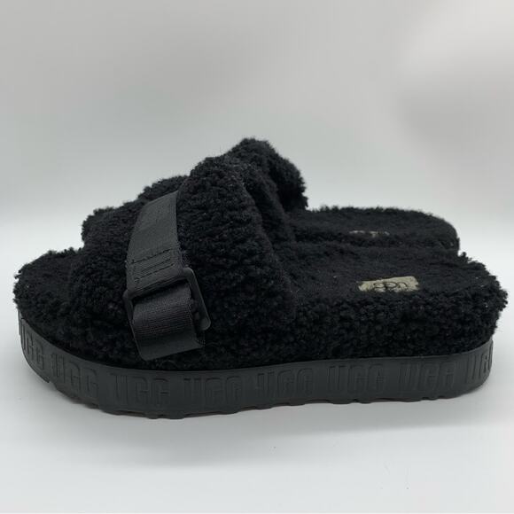 UGG Fluffita Platform Sheepskin Slipper Black Size 9/9.5 Lounge Travel Fuzzy - Picture 7 of 11
